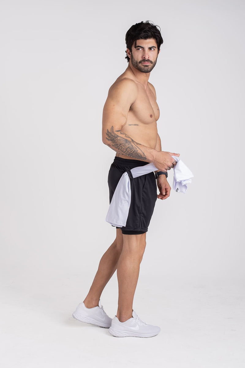 Shorts Dry-Fit 2 em 1 Black White - Preto