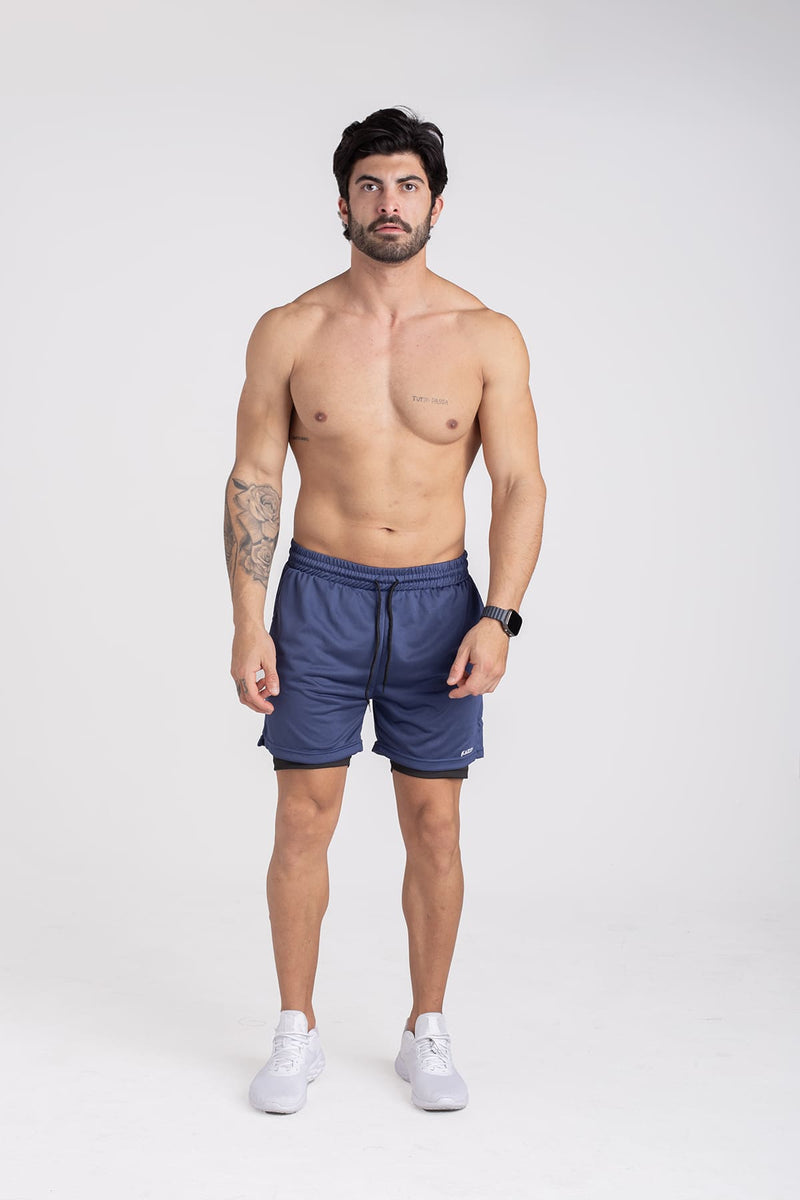 Shorts Dry-Fit 2 em 1 Black White - Azul