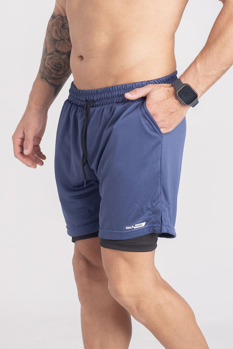 Shorts Dry-Fit 2 em 1 Black White - Azul