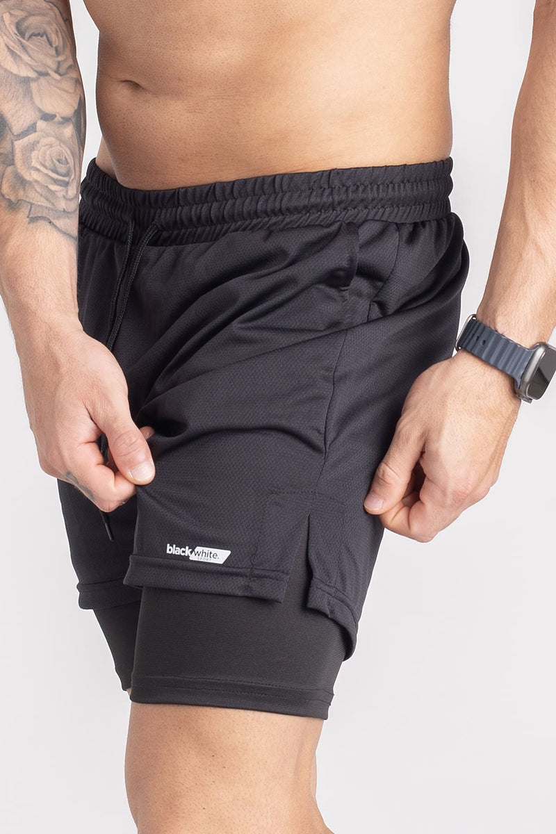 Shorts Dry-Fit 2 em 1 Black White - Preto